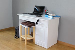 Klasyczne białe biurko z drewna sosnowego z pojedynczym kontenerkiem i szufladą na artykuły biurowe. Wymiary biurka 76x100x60 cm.